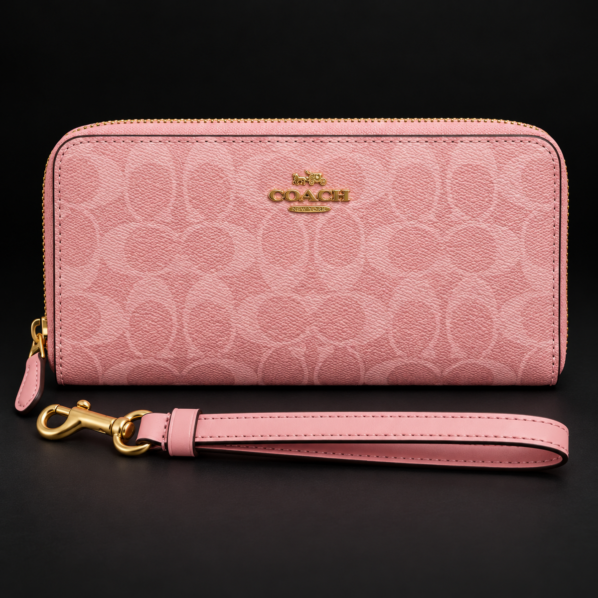 Women’s Blush Pink Monogram Zip-Around Wallet with Detachable Wrist Strap