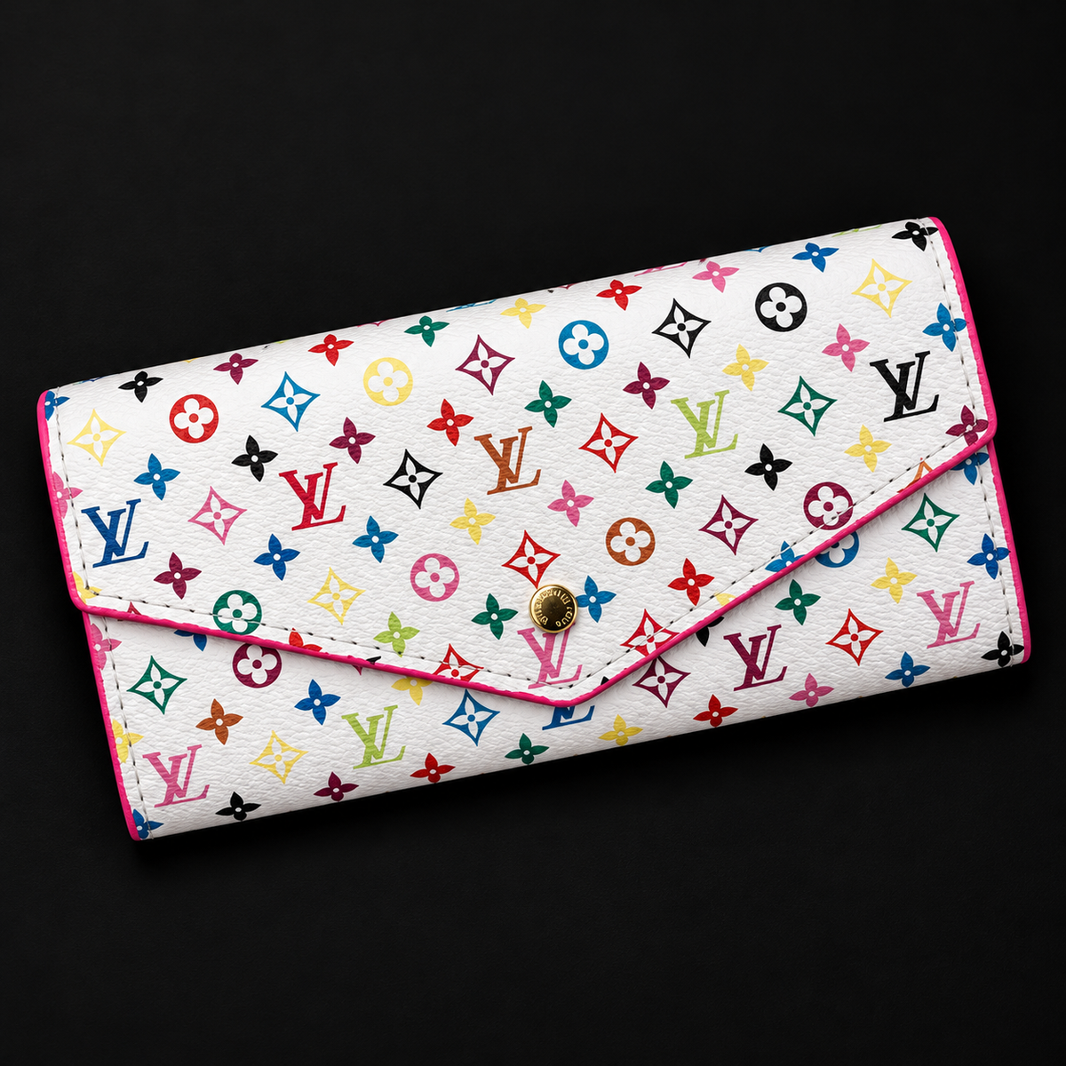 Women’s Multicolor Monogram Envelope Wallet – White with Pink Trim