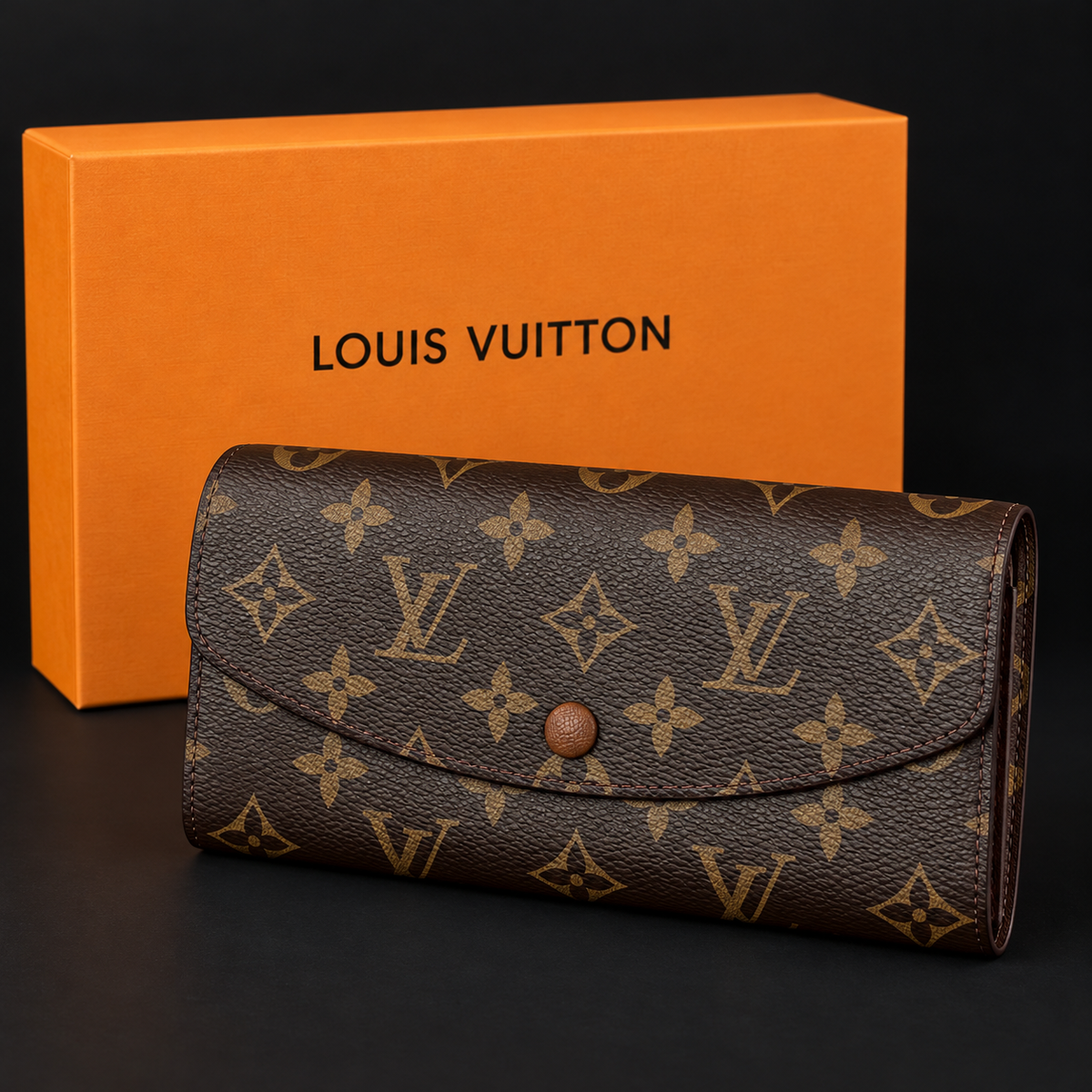 Women’s Brown Monogram Long Wallet with Curved Flap & Snap Closure