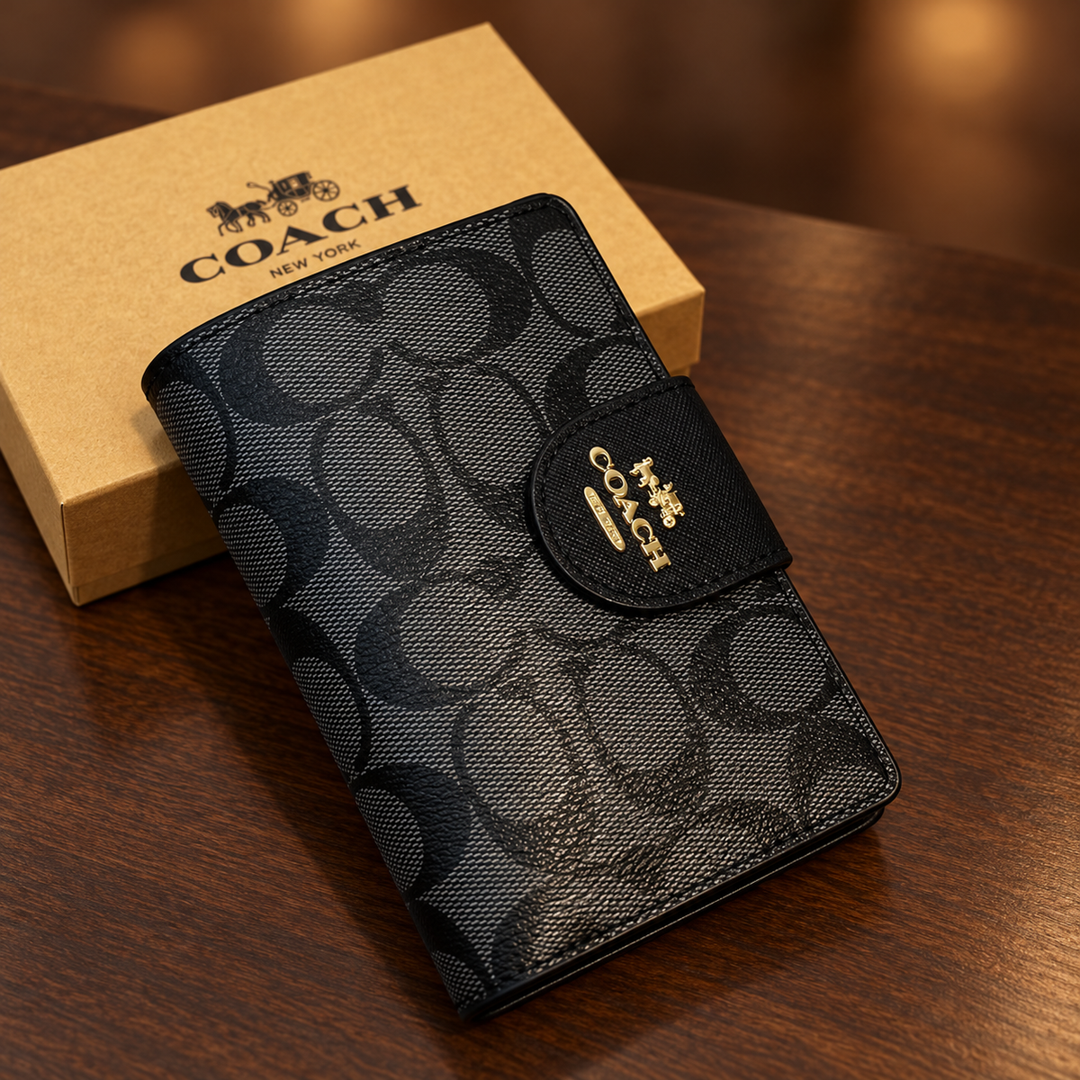 Women’s Black Monogram Wallet with Gold-Tone Detail