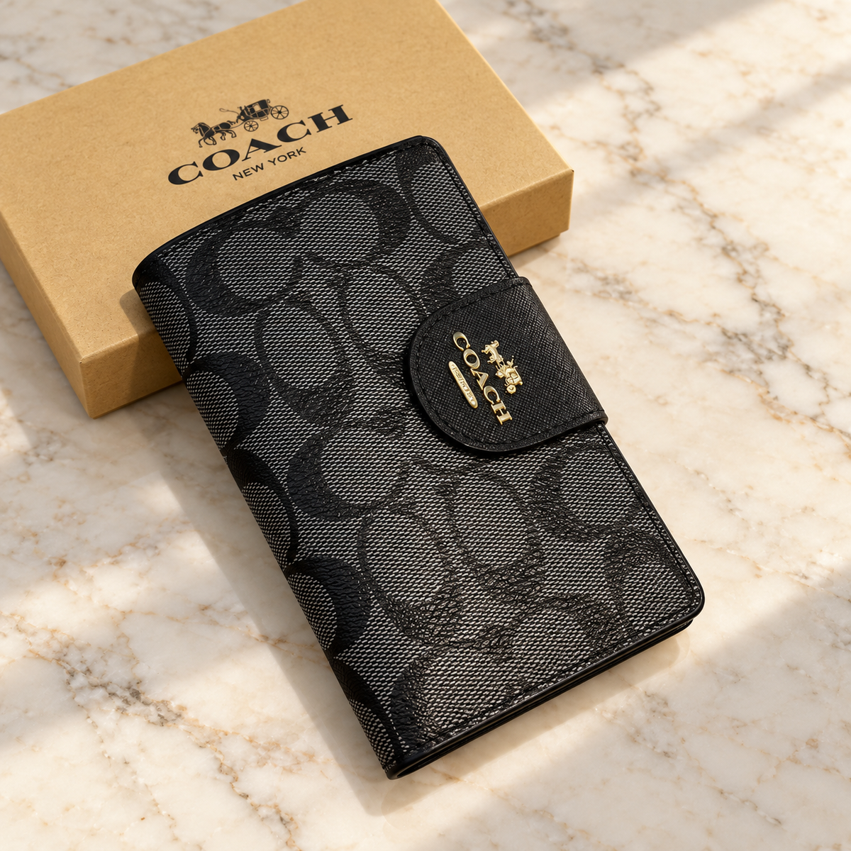 Women’s Black Monogram Wallet with Gold-Tone Detail