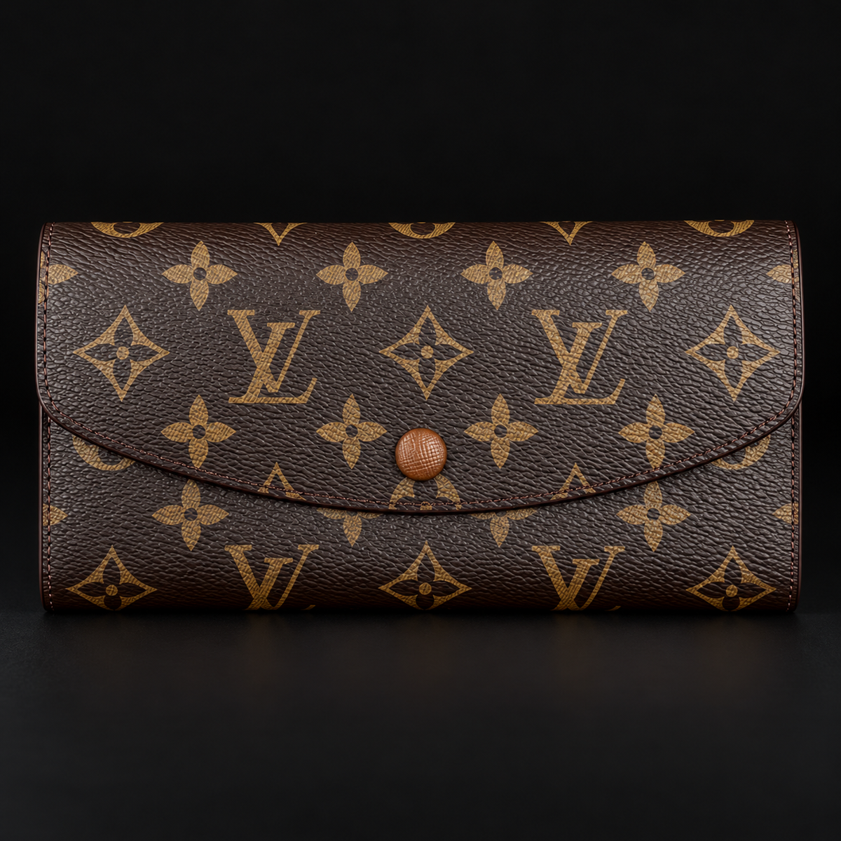 Women’s Brown Monogram Long Wallet with Curved Flap & Snap Closure