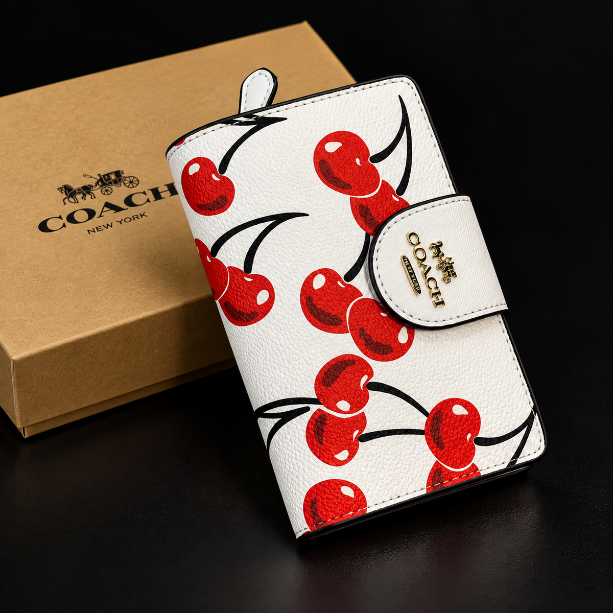Women’s Cherry Print Wallet – White with Gold-Tone Detail