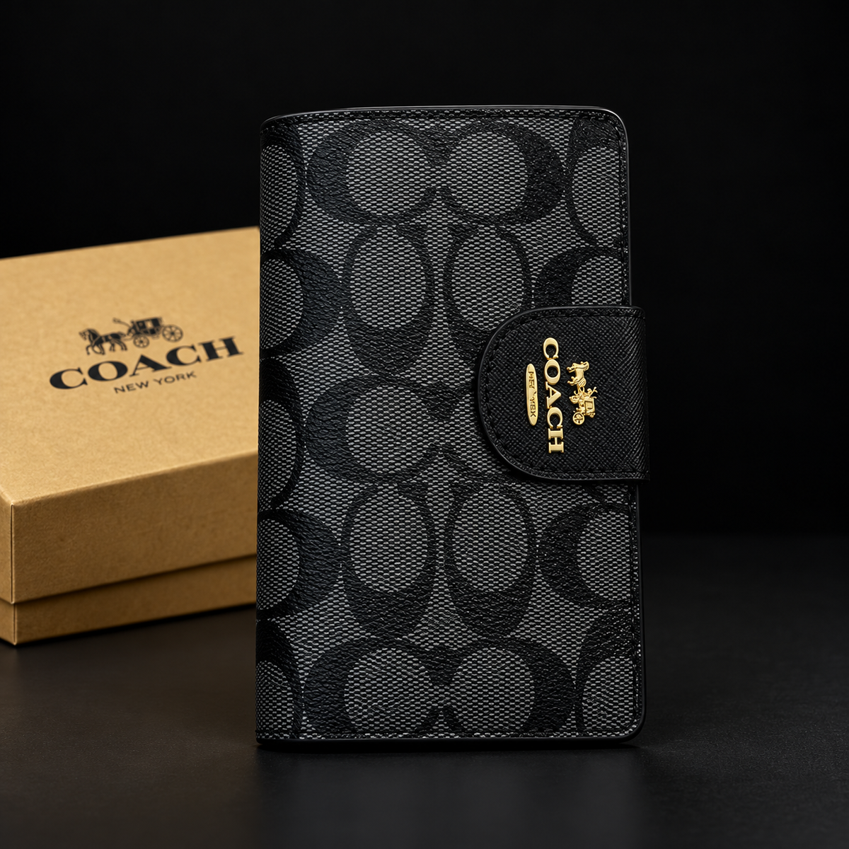 Women’s Black Monogram Wallet with Gold-Tone Detail