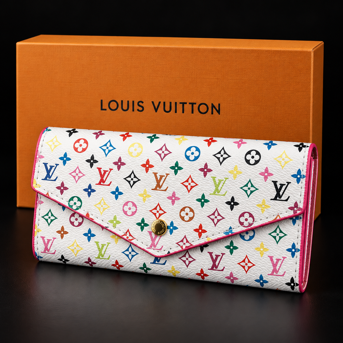 Women’s Multicolor Monogram Envelope Wallet – White with Pink Trim