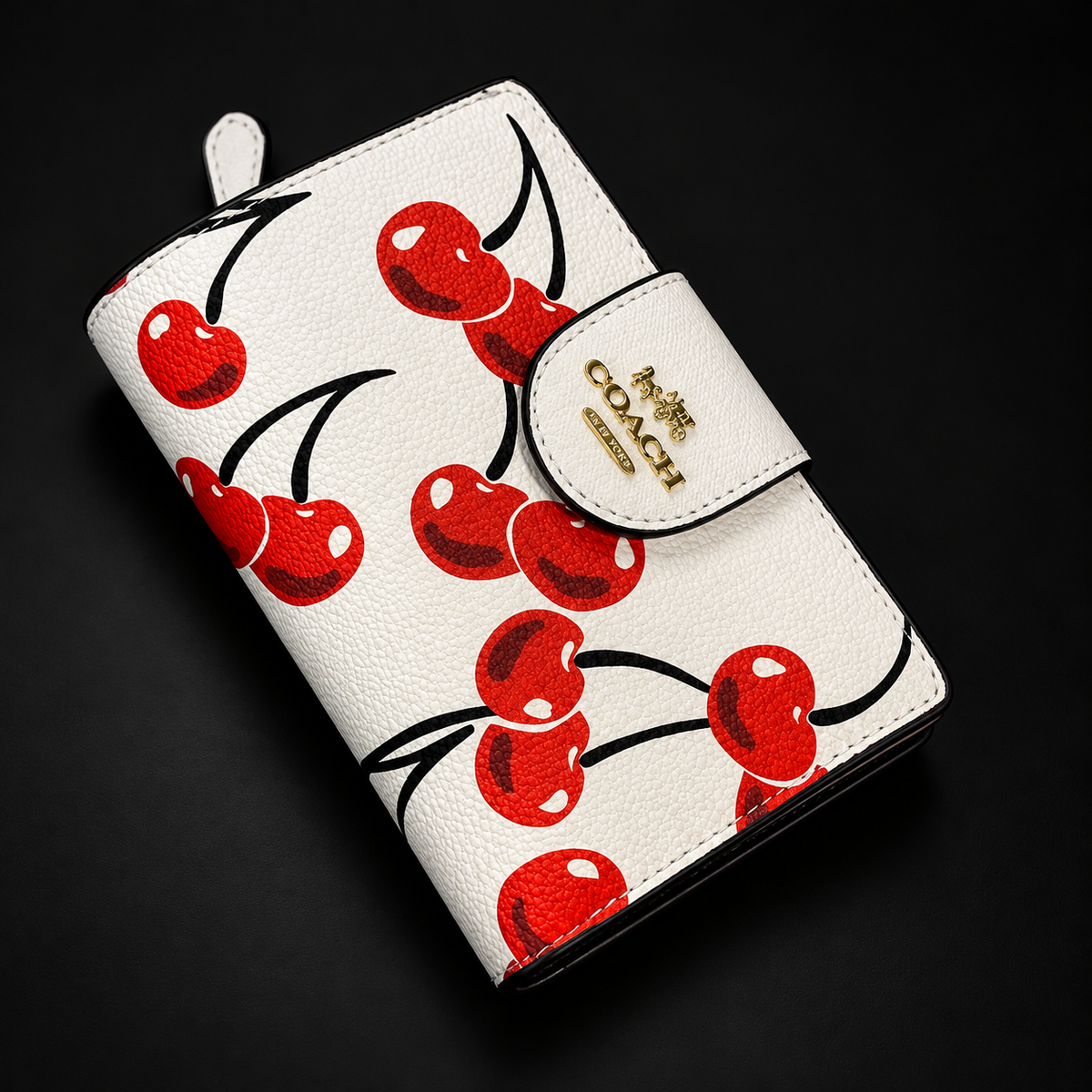 Women’s Cherry Print Wallet – White with Gold-Tone Detail