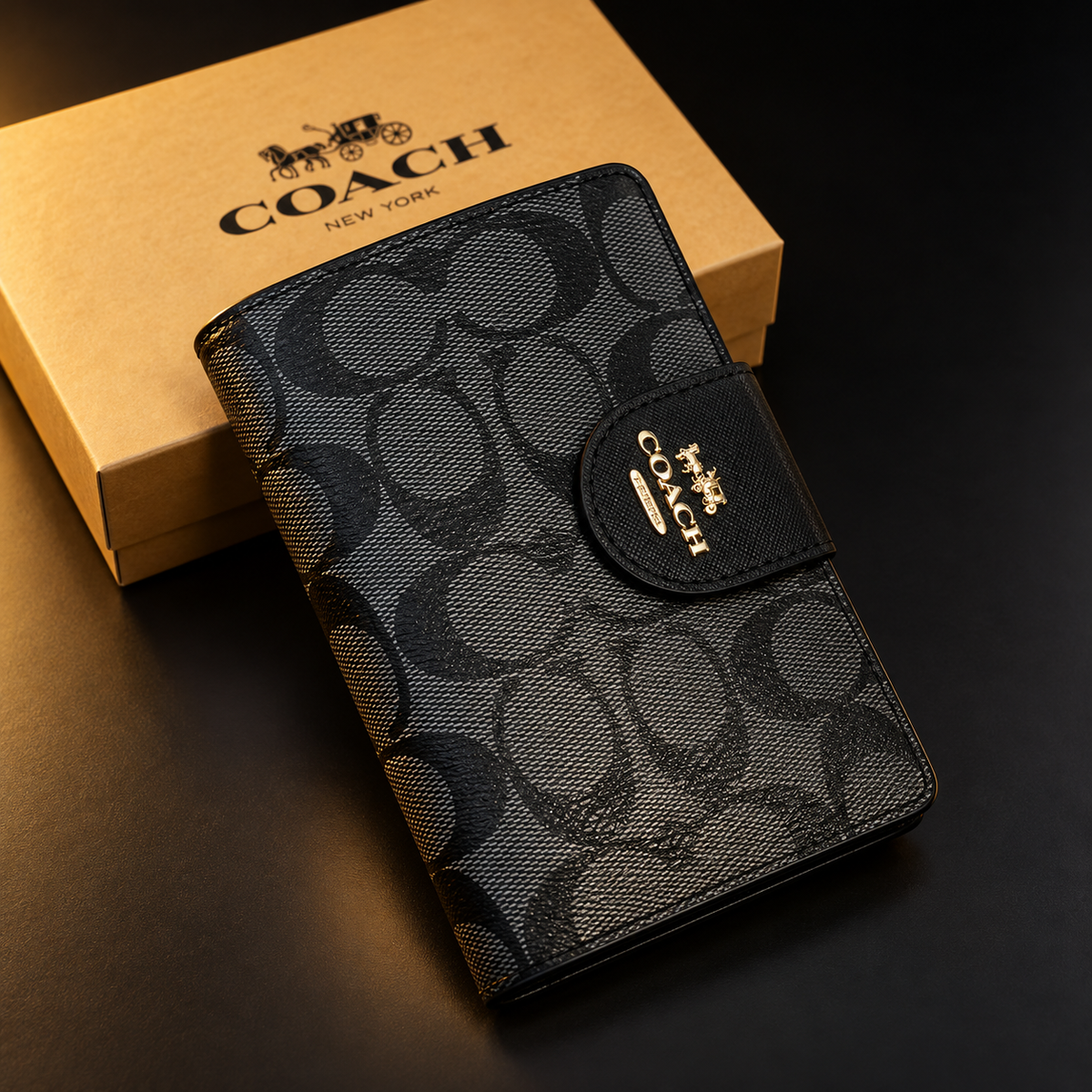 Women’s Black Monogram Wallet with Gold-Tone Detail