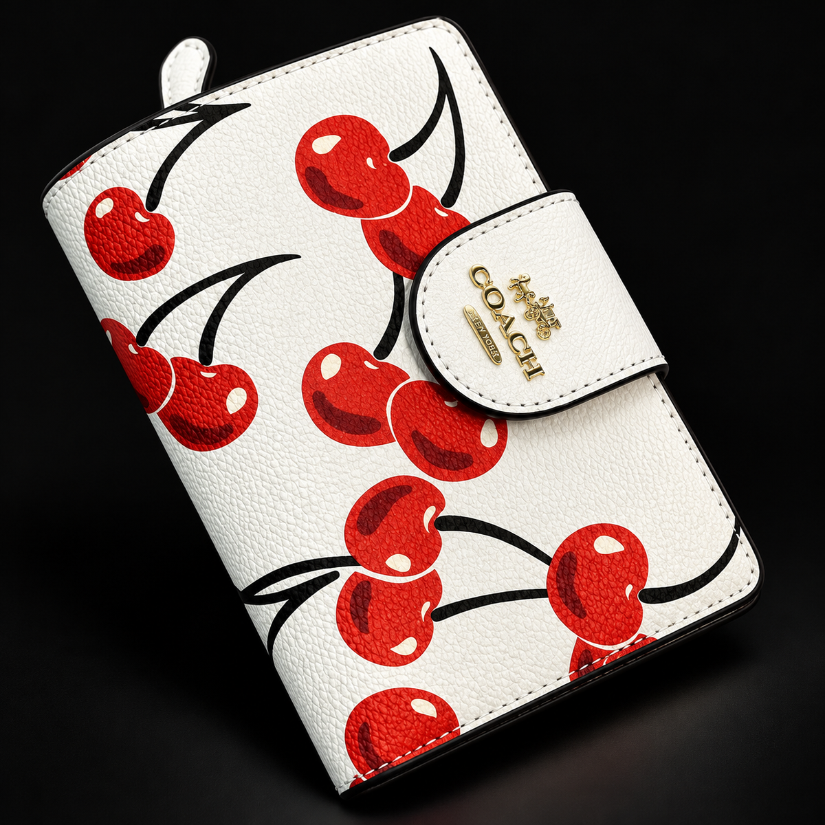 Women’s Cherry Print Wallet – White with Gold-Tone Detail