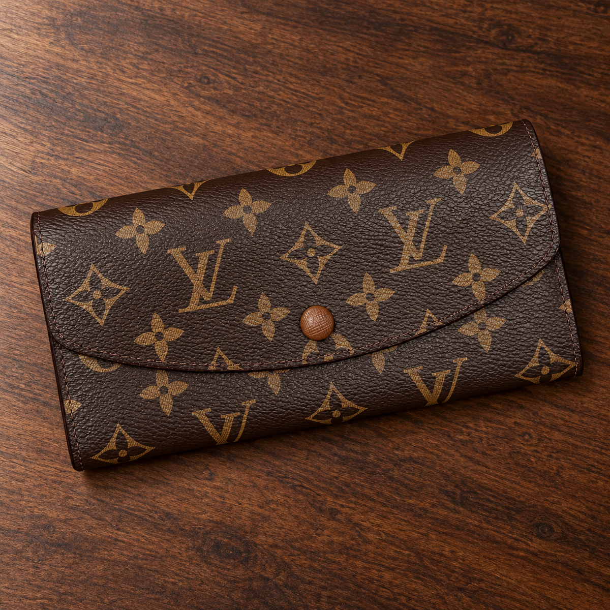 Women’s Brown Monogram Long Wallet with Curved Flap & Snap Closure