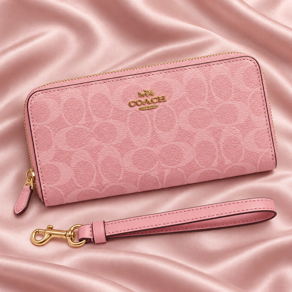 Women’s Blush Pink Monogram Zip-Around Wallet with Detachable Wrist Strap