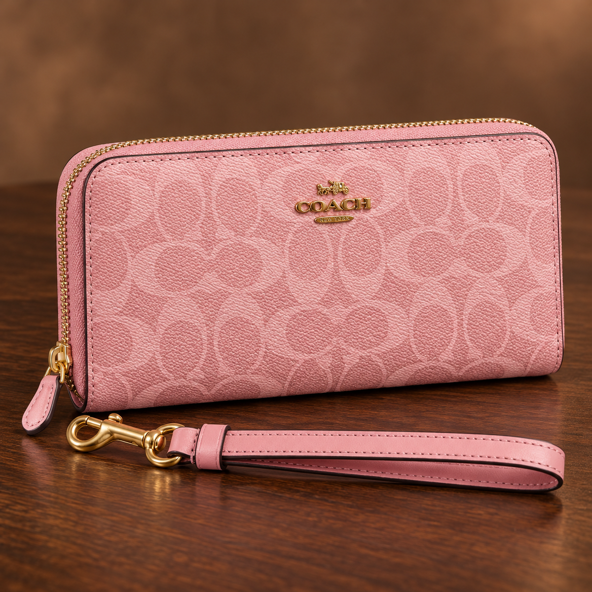 Women’s Blush Pink Monogram Zip-Around Wallet with Detachable Wrist Strap