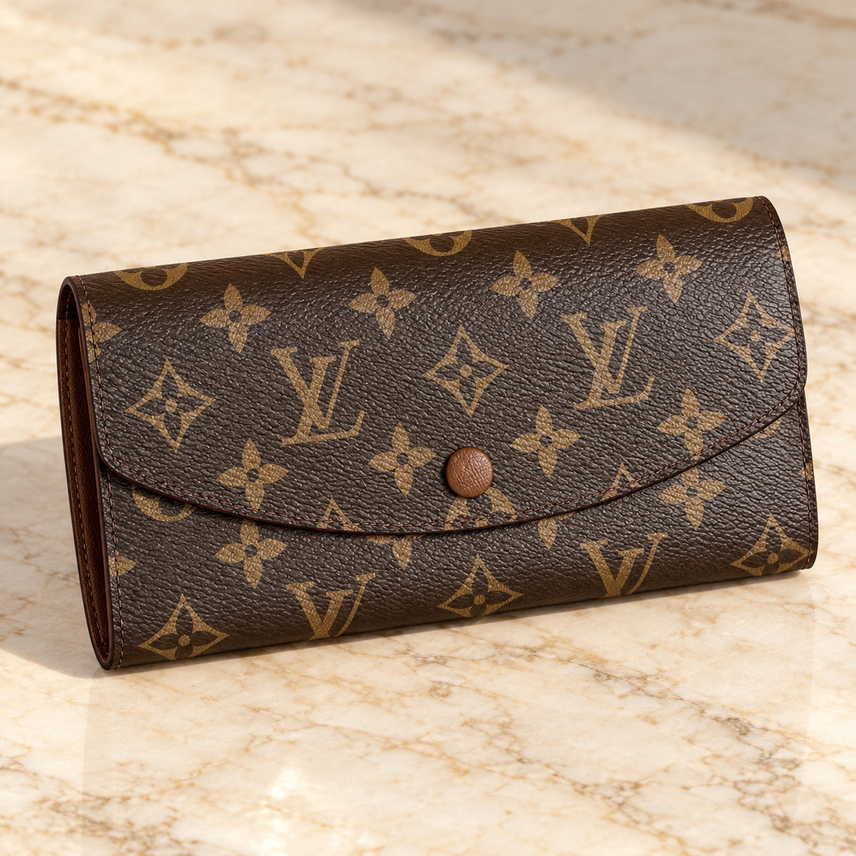 Women’s Brown Monogram Long Wallet with Curved Flap & Snap Closure