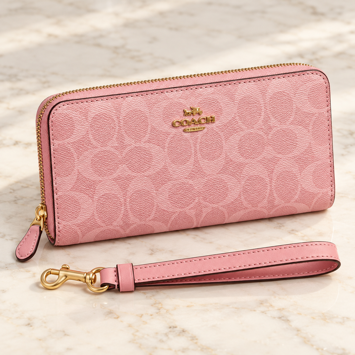 Women’s Blush Pink Monogram Zip-Around Wallet with Detachable Wrist Strap