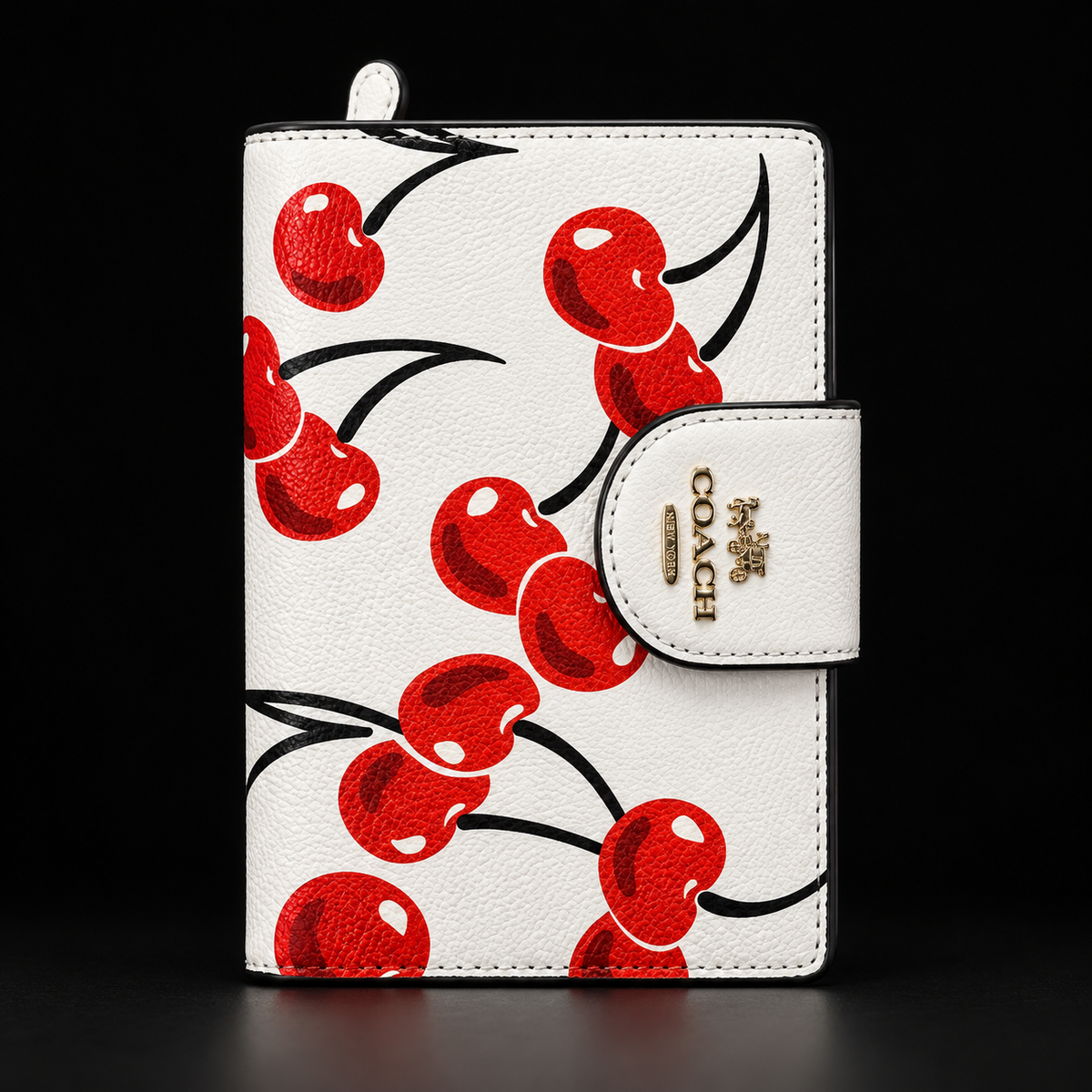 Women’s Cherry Print Wallet – White with Gold-Tone Detail